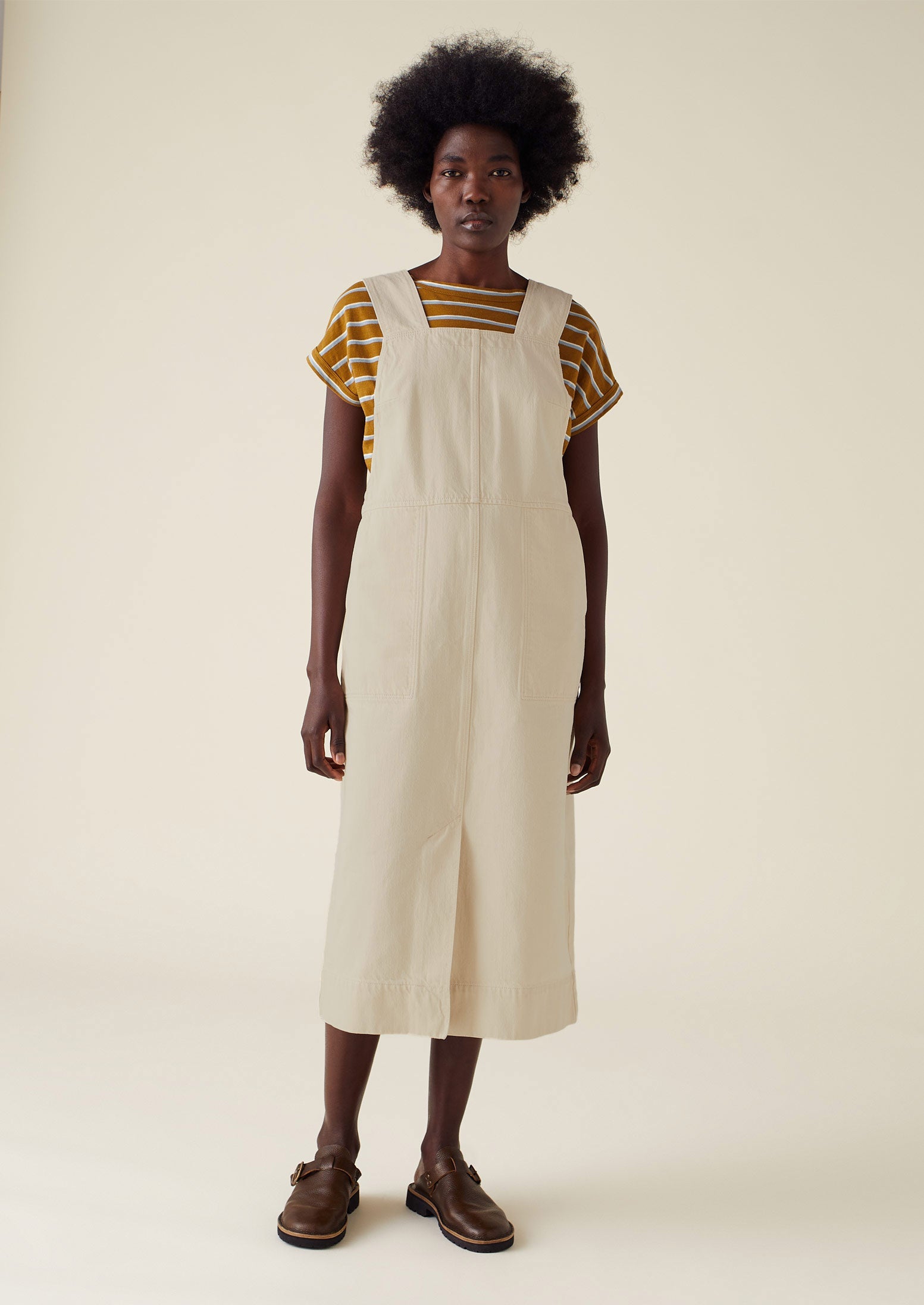 Side Button Organic Denim Pinafore Dress | Pastel Parchment 3 Side Button Organic Denim Pinafore Dress | Pastel Parchment