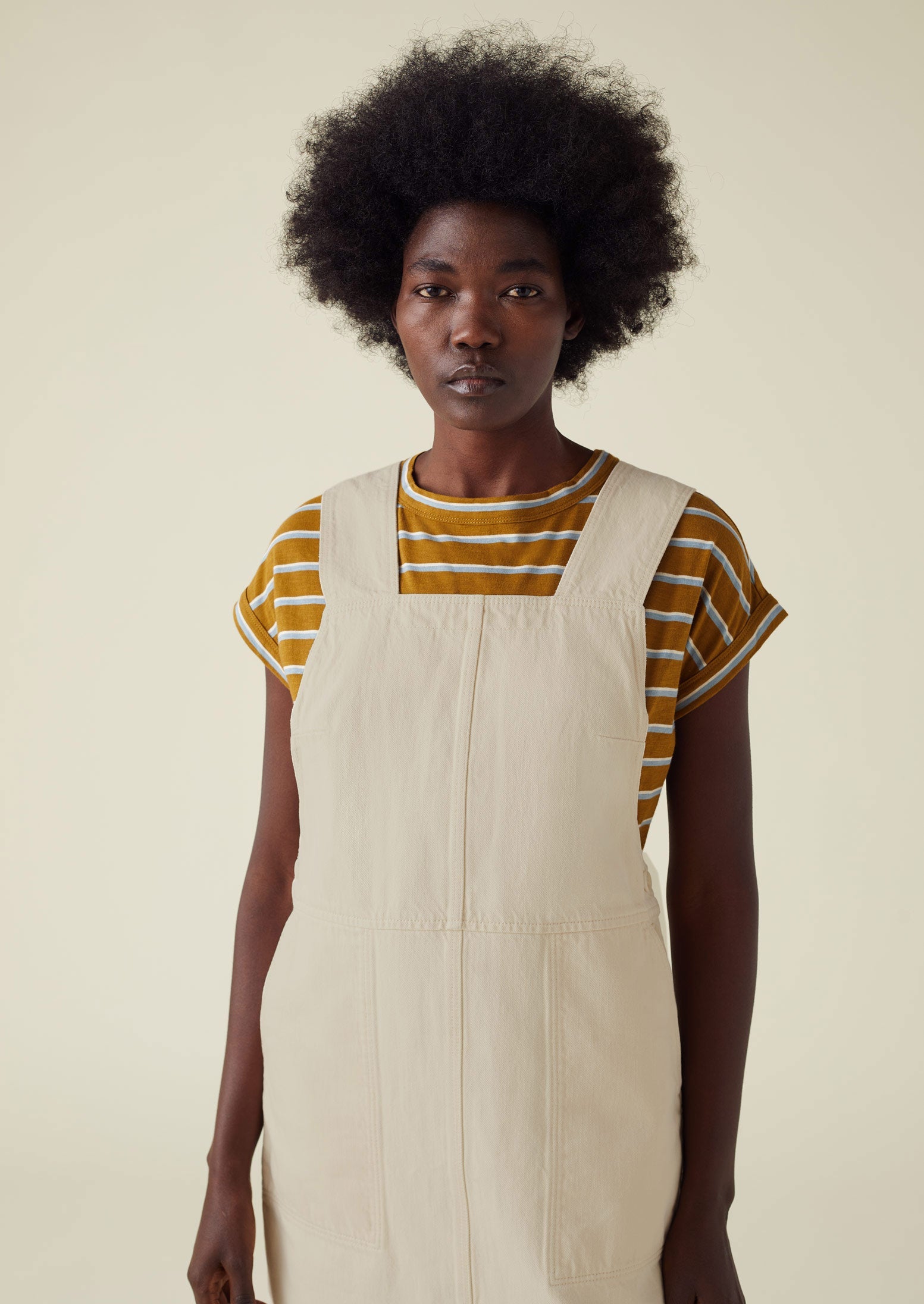 Side Button Organic Denim Pinafore Dress | Pastel Parchment 4 Side Button Organic Denim Pinafore Dress | Pastel Parchment