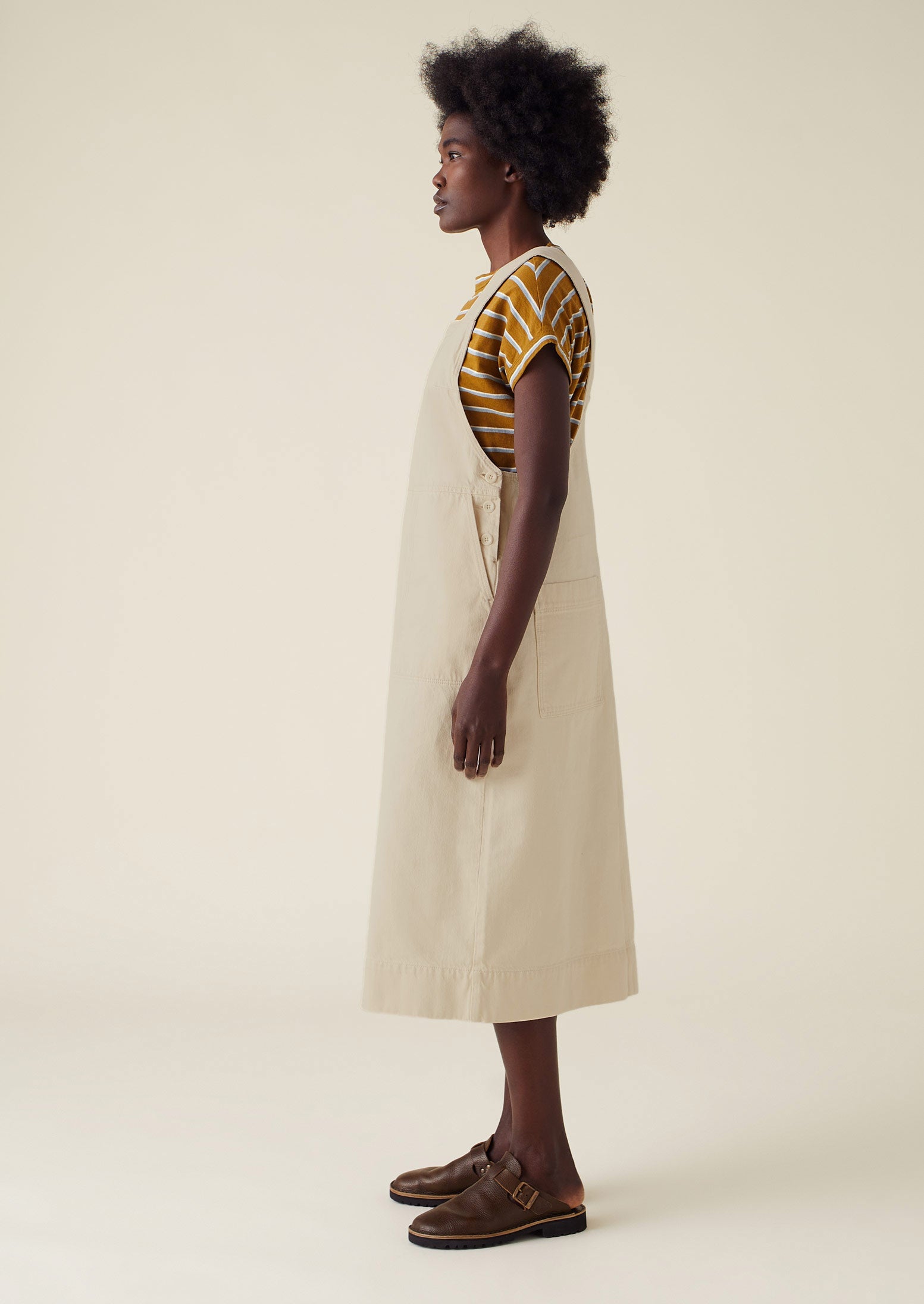 Side Button Organic Denim Pinafore Dress | Pastel Parchment 5 Side Button Organic Denim Pinafore Dress | Pastel Parchment