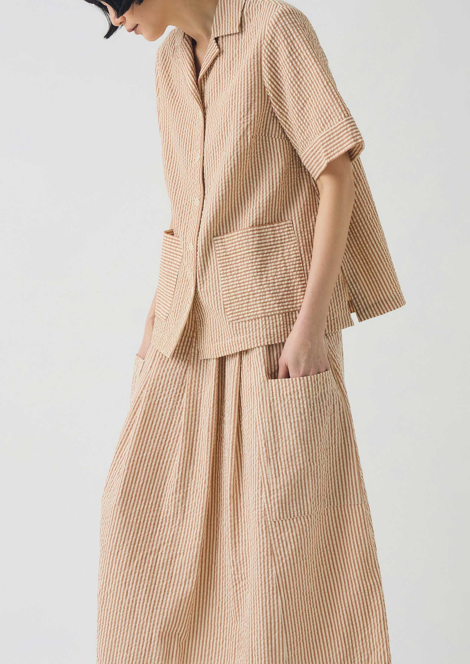 Stripe Cotton Seersucker Patch Pocket Skirt | Terracotta/Ecru 3 Stripe Cotton Seersucker Patch Pocket Skirt | Terracotta/Ecru