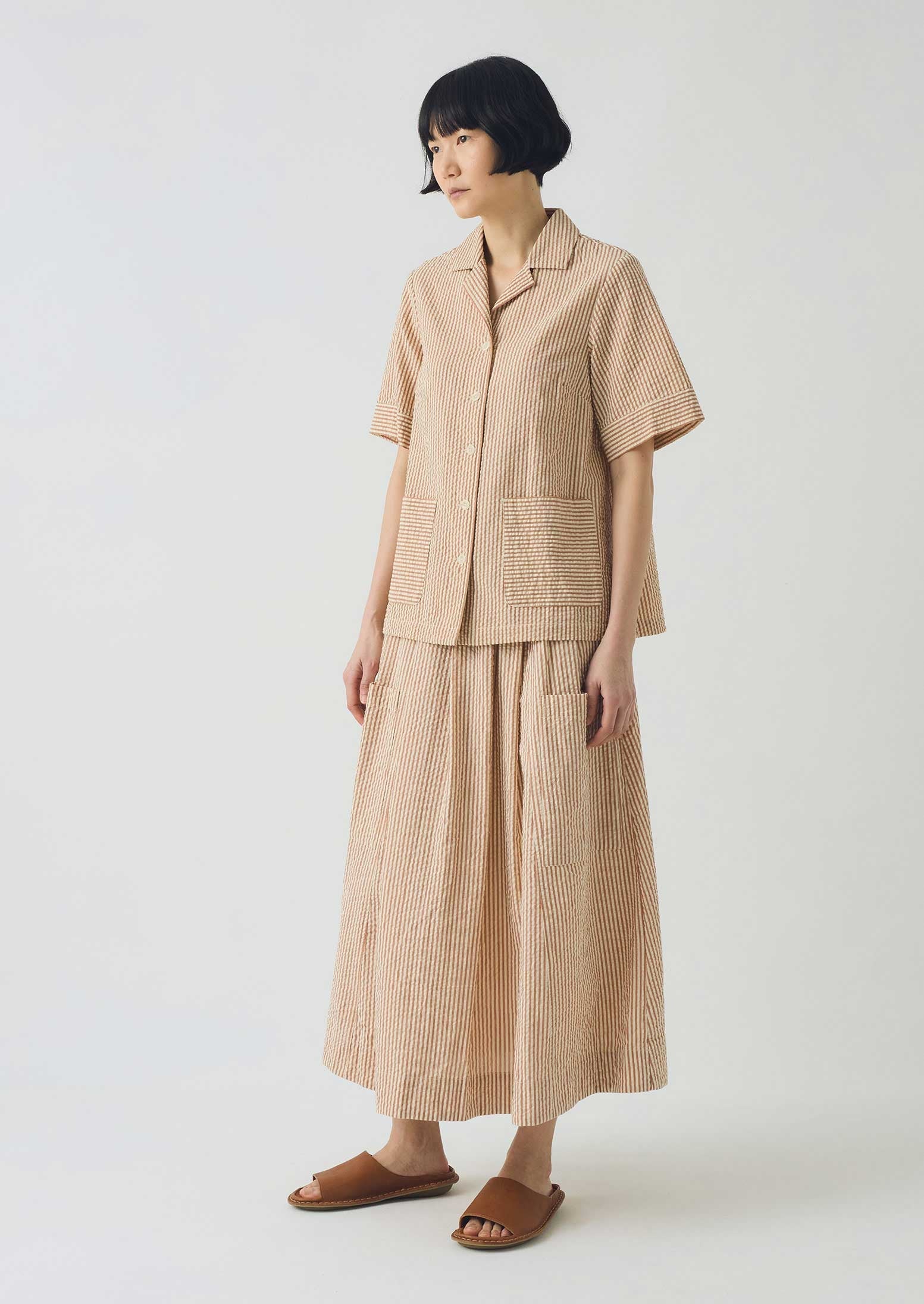 Stripe Cotton Seersucker Patch Pocket Skirt | Terracotta/Ecru 4 Stripe Cotton Seersucker Patch Pocket Skirt | Terracotta/Ecru