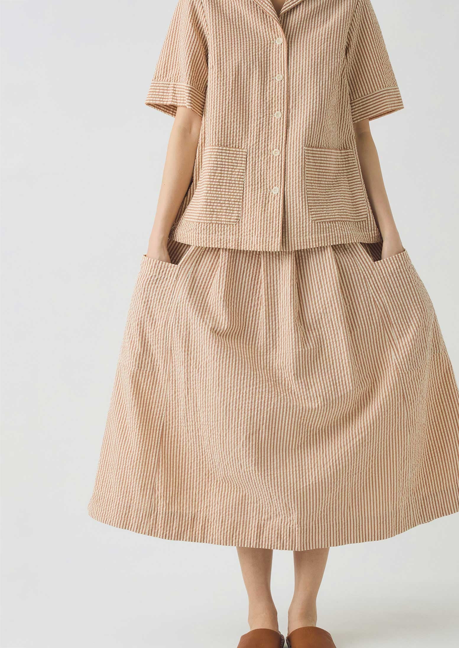 Stripe Cotton Seersucker Patch Pocket Skirt | Terracotta/Ecru 5 Stripe Cotton Seersucker Patch Pocket Skirt | Terracotta/Ecru