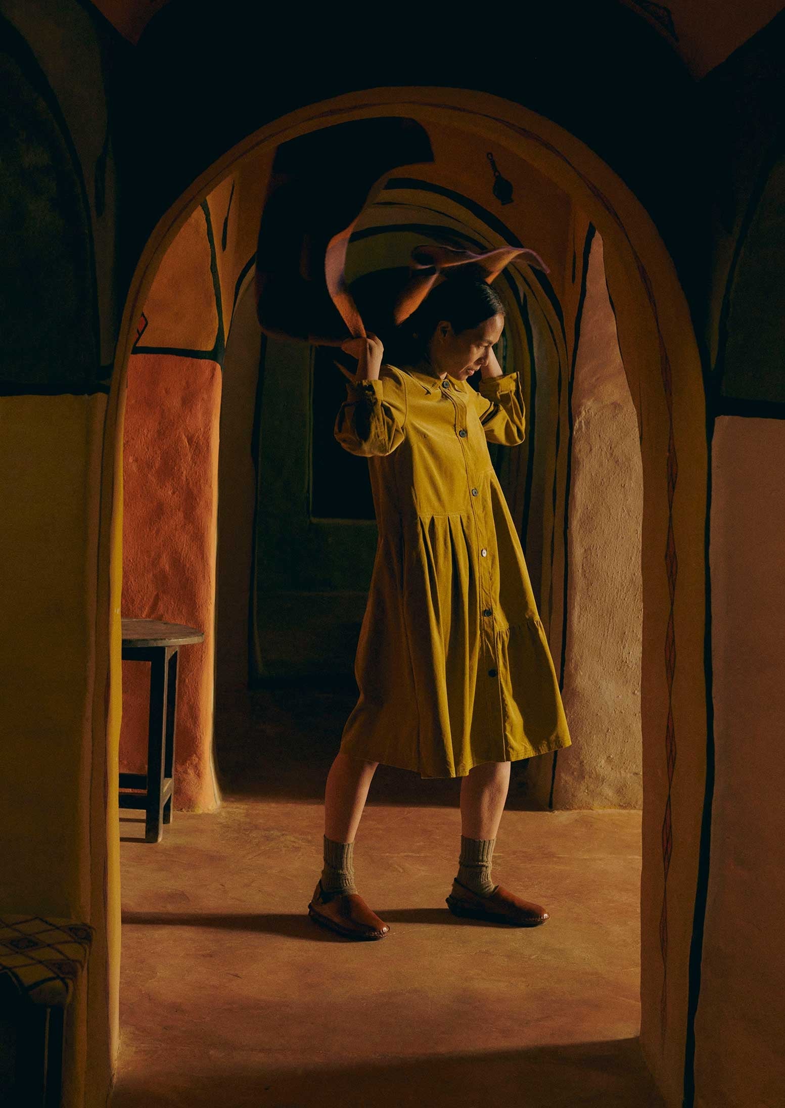 Panelled Organic Needlecord Dress | Golden Olive 3 Panelled Organic Needlecord Dress | Golden Olive