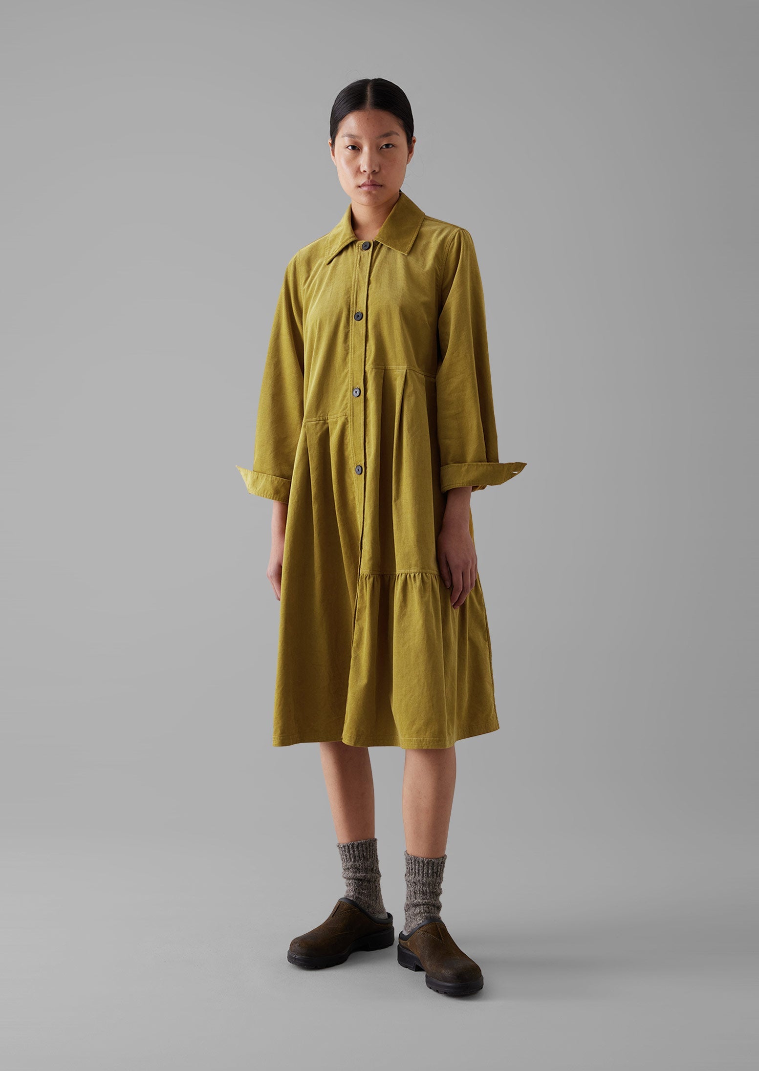 Panelled Organic Needlecord Dress | Golden Olive 4 Panelled Organic Needlecord Dress | Golden Olive