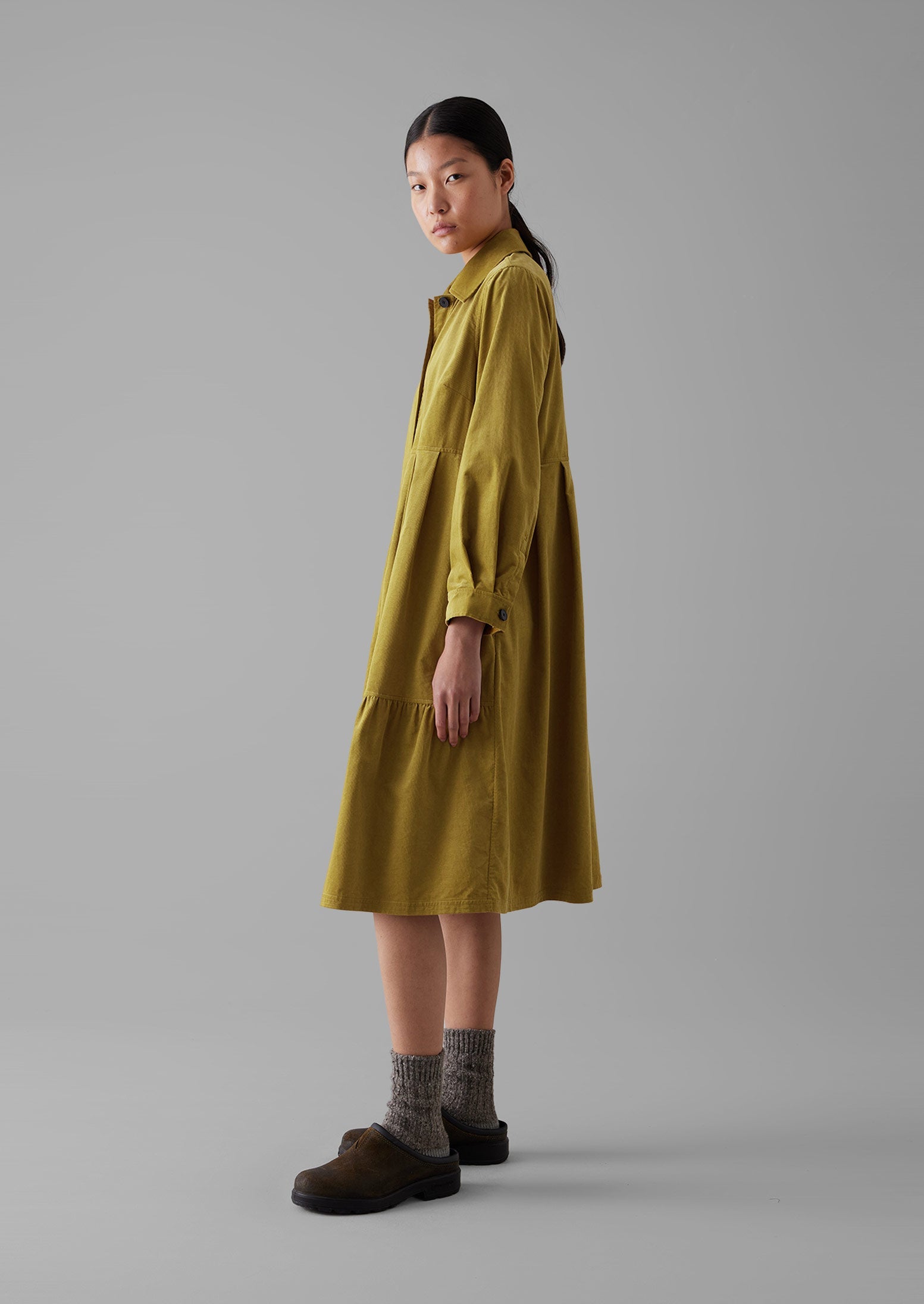 Panelled Organic Needlecord Dress | Golden Olive 5 Panelled Organic Needlecord Dress | Golden Olive
