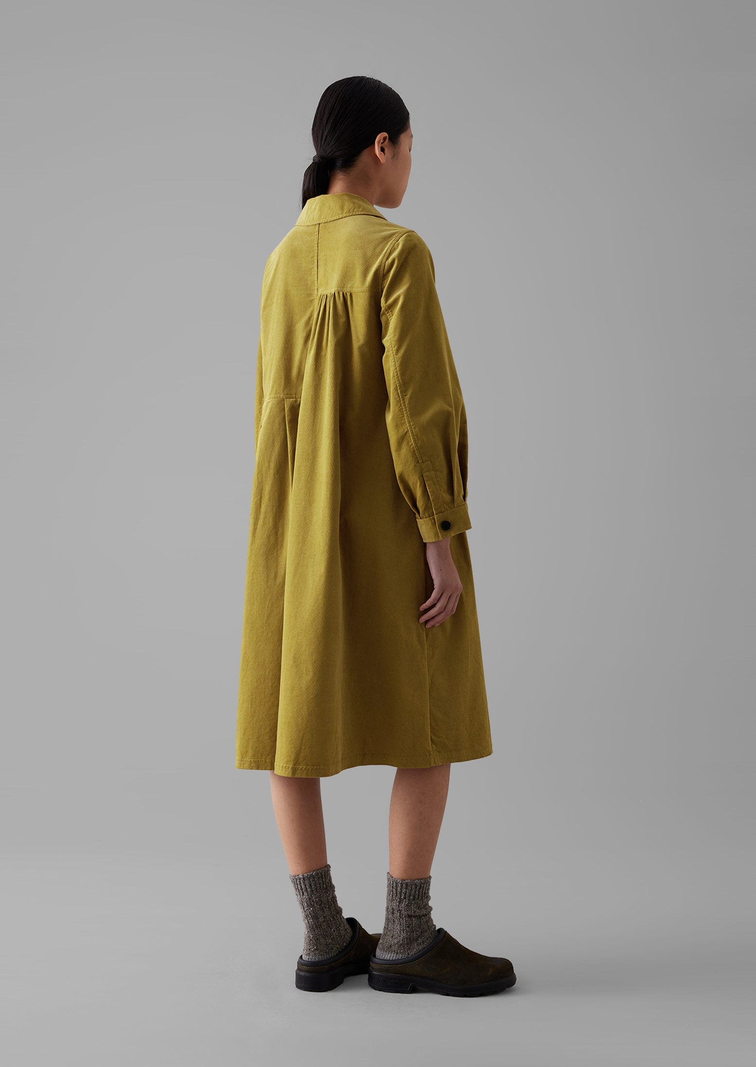 Panelled Organic Needlecord Dress | Golden Olive 6 Panelled Organic Needlecord Dress | Golden Olive