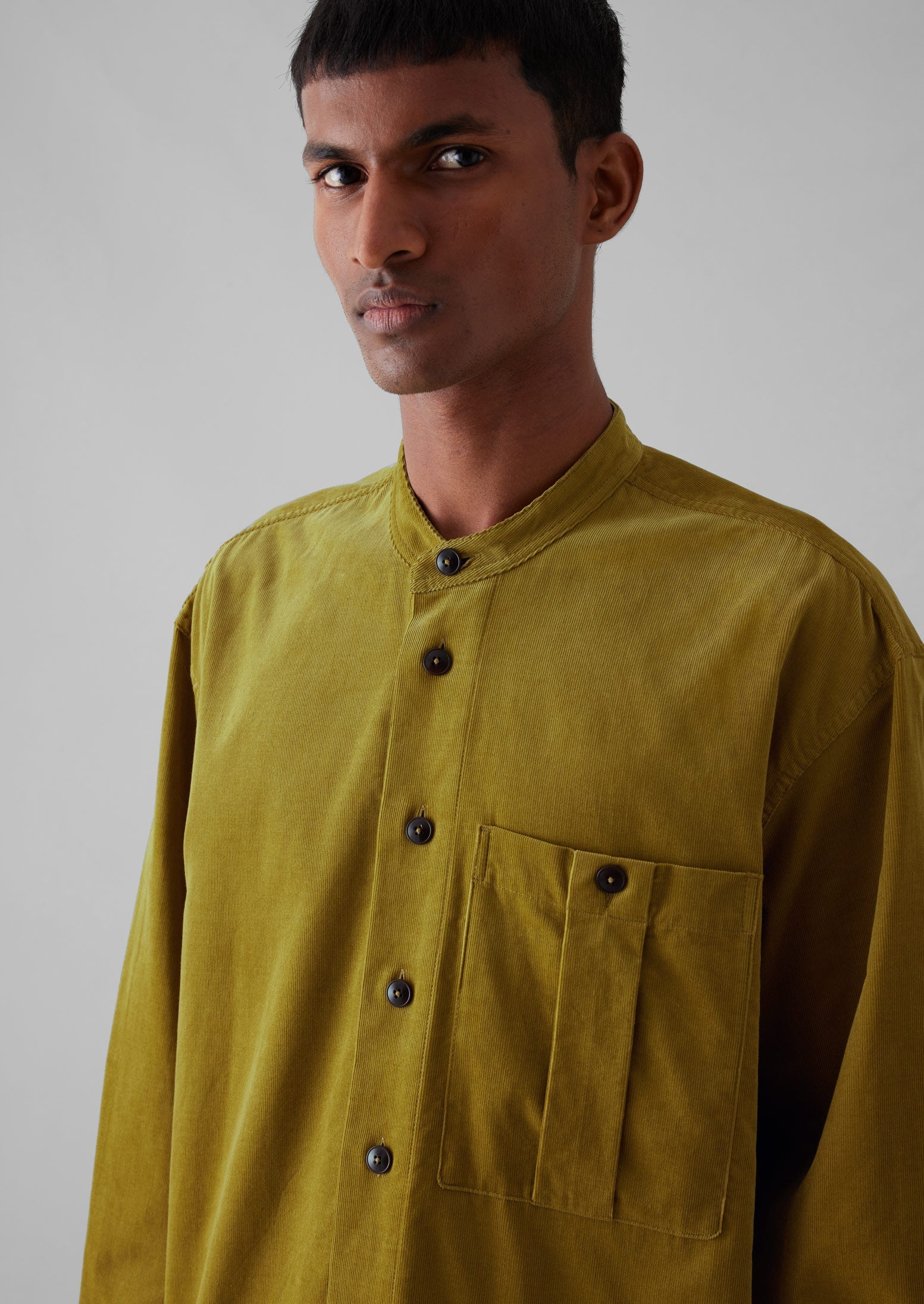 Dropped Shoulder Organic Cord Grandad Shirt | Golden Olive 3 Dropped Shoulder Organic Cord Grandad Shirt | Golden Olive