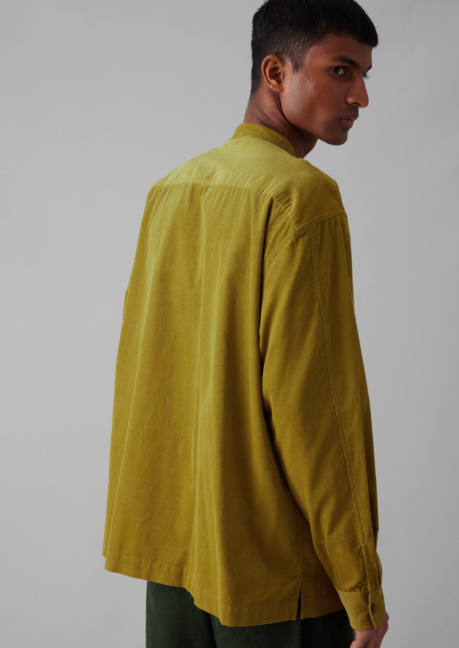 Dropped Shoulder Organic Cord Grandad Shirt | Golden Olive 4 Dropped Shoulder Organic Cord Grandad Shirt | Golden Olive