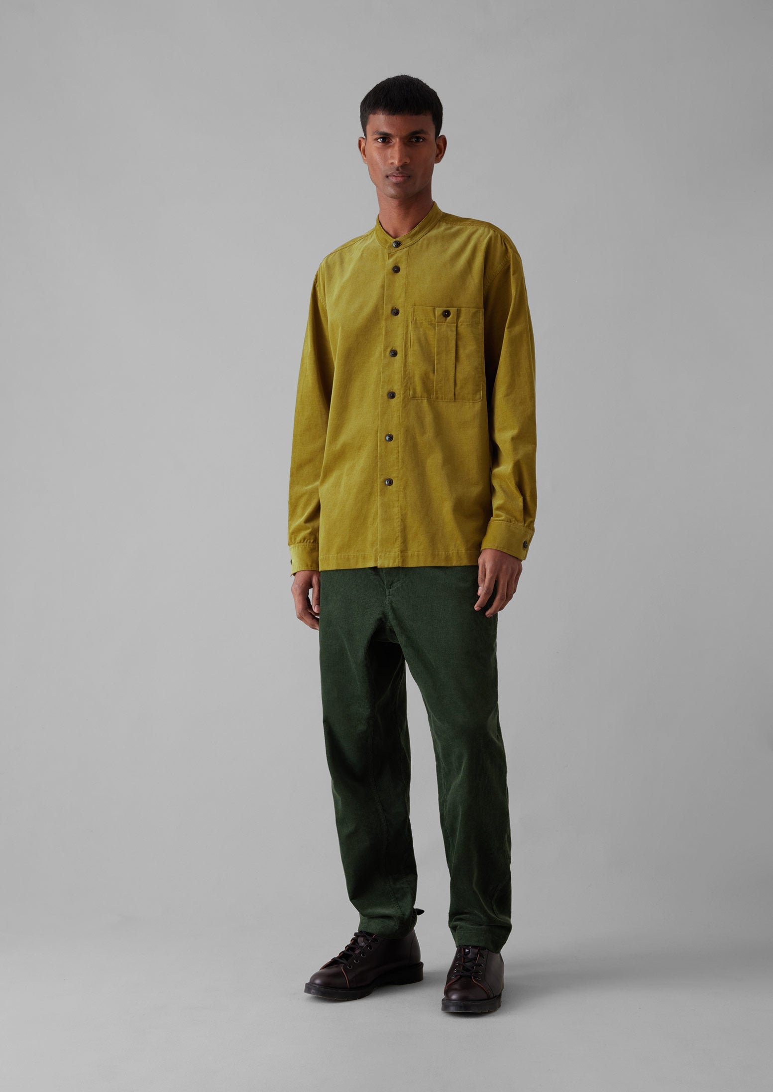 Dropped Shoulder Organic Cord Grandad Shirt | Golden Olive 5 Dropped Shoulder Organic Cord Grandad Shirt | Golden Olive