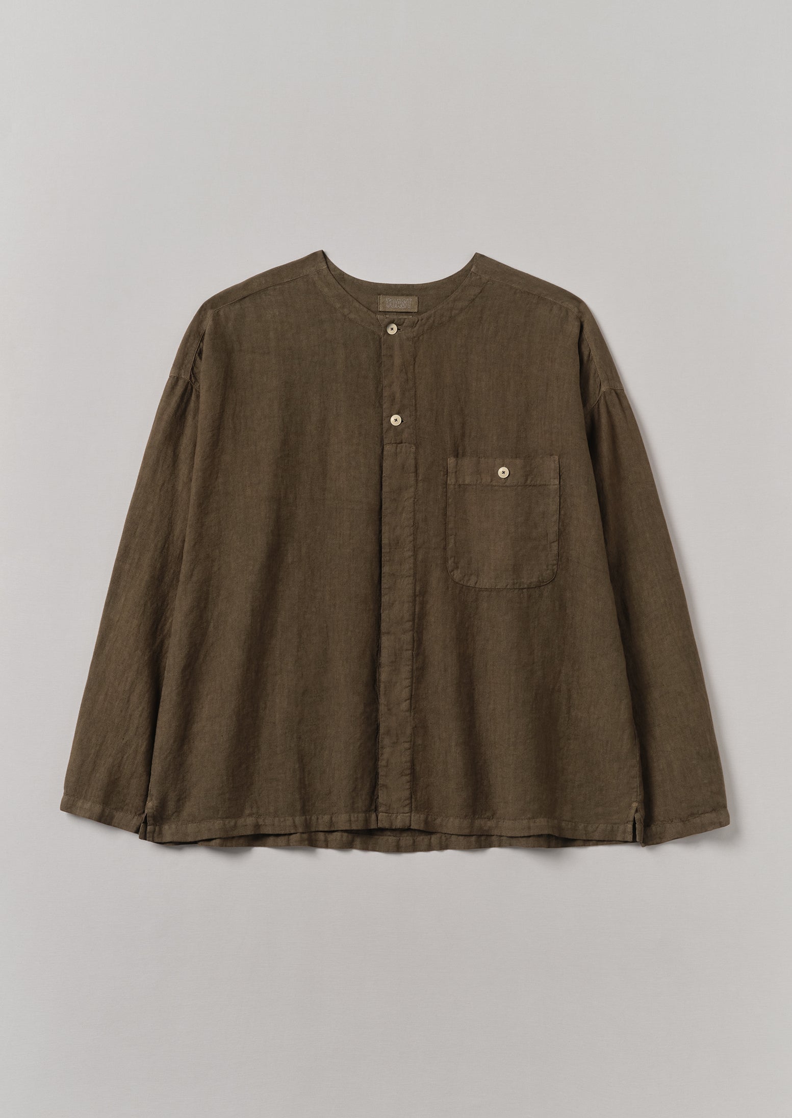 Garment Dyed Linen Collarless Shirt | Pear