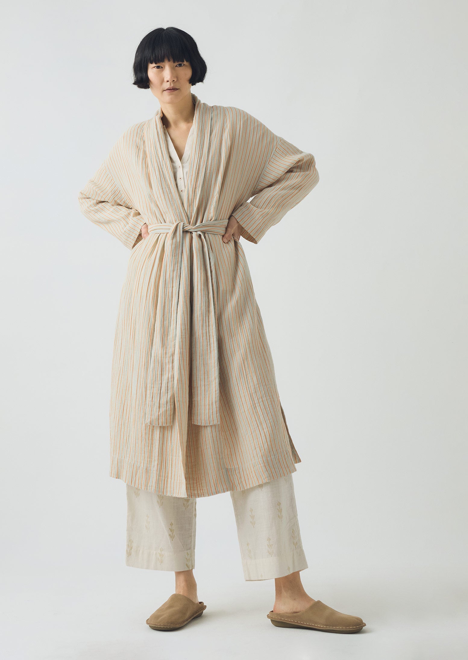 Stripe Crinkle Cotton Gown | Sage/Apricot 5 Stripe Crinkle Cotton Gown | Sage/Apricot