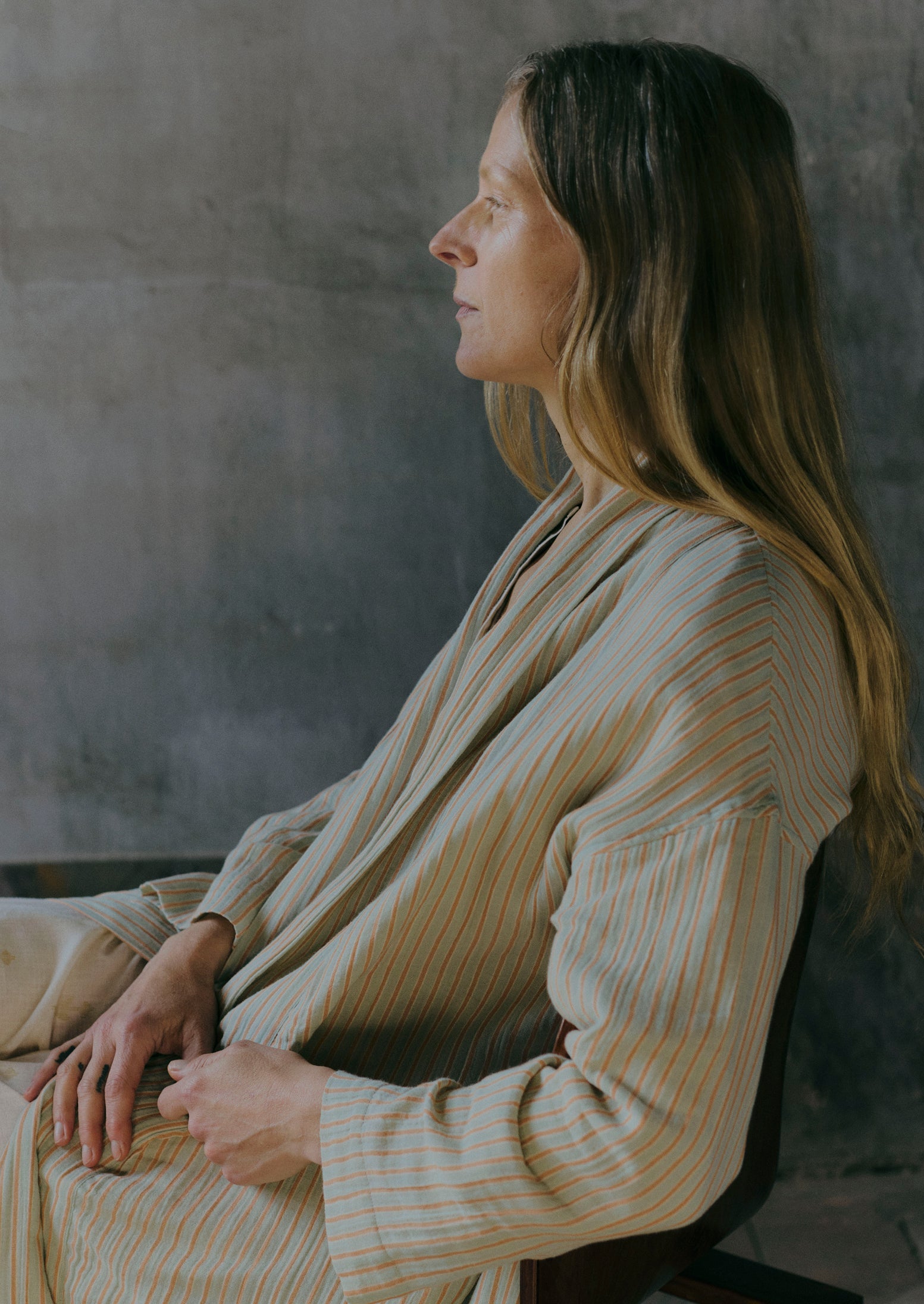 Stripe Crinkle Cotton Gown | Sage/Apricot 7 Stripe Crinkle Cotton Gown | Sage/Apricot