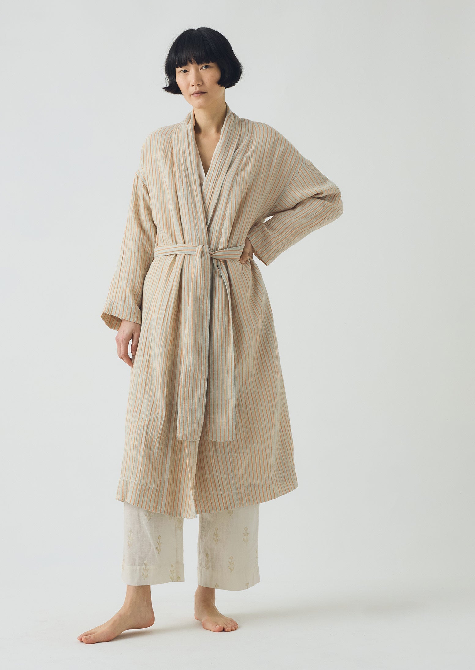 Stripe Crinkle Cotton Gown | Sage/Apricot 9 Stripe Crinkle Cotton Gown | Sage/Apricot