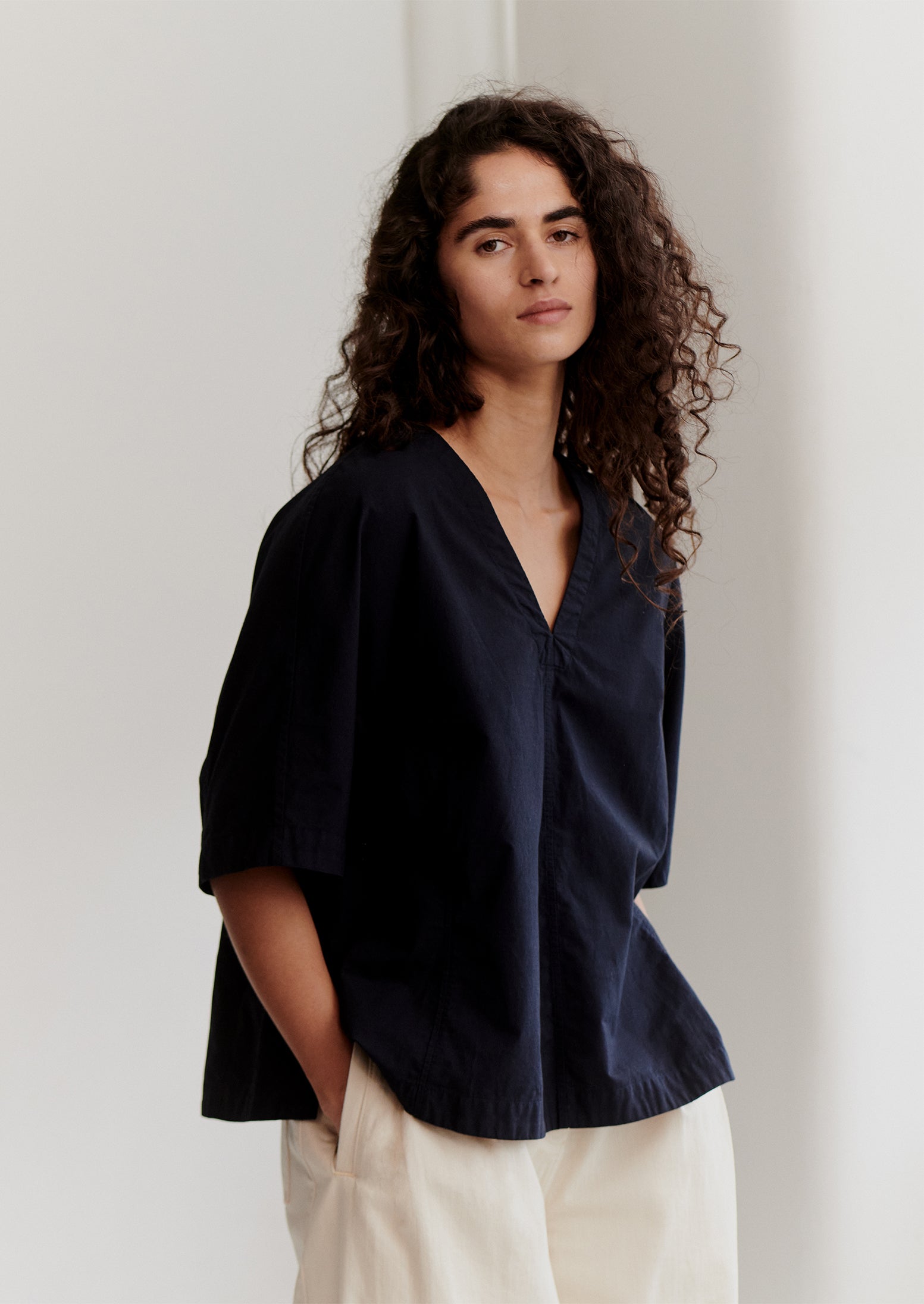 Textured Cotton Poplin V-Neck Top | Ink 3 Textured Cotton Poplin V-Neck Top | Ink