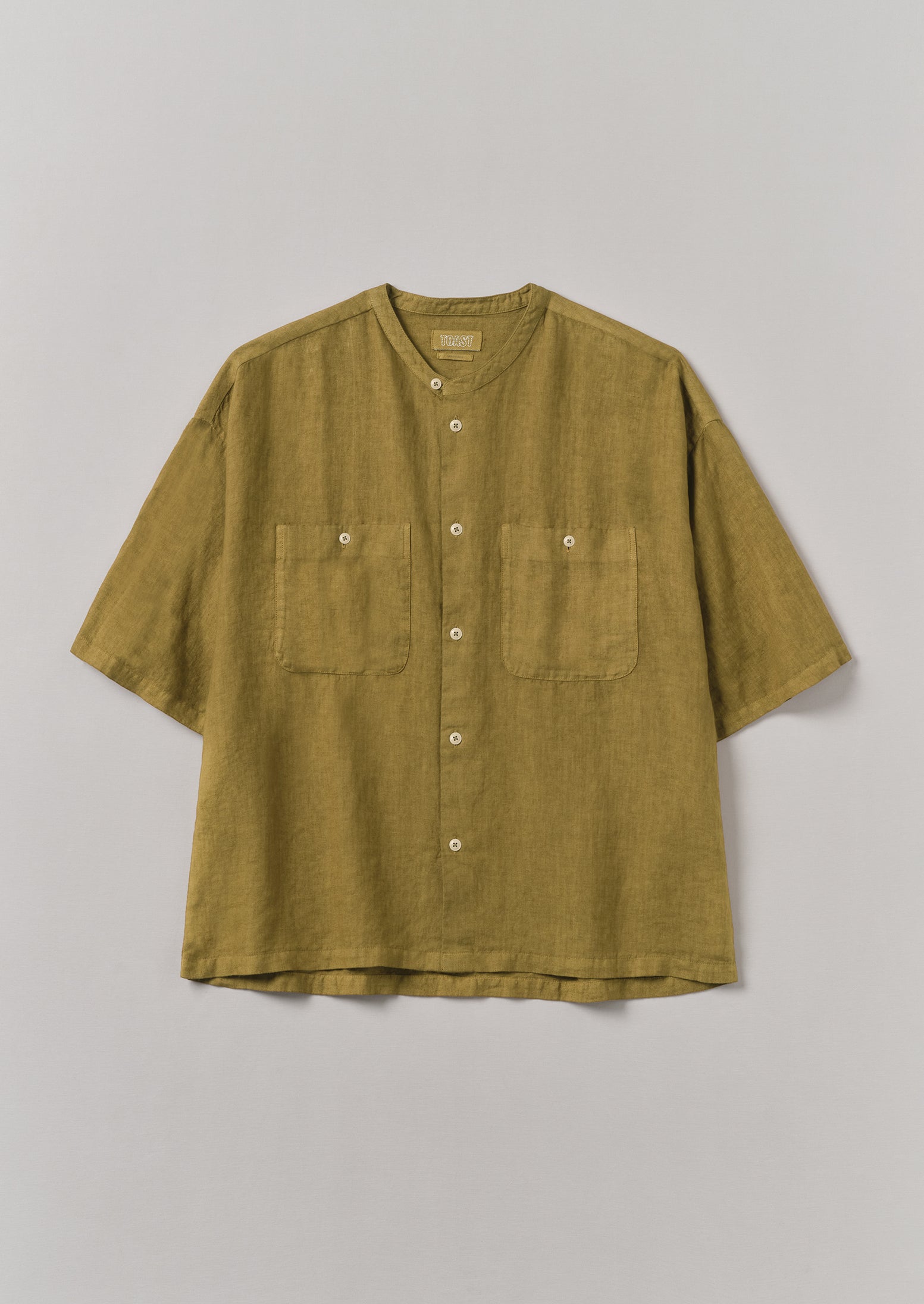 Garment Dyed Linen Grandad Collar Shirt | Durian Green