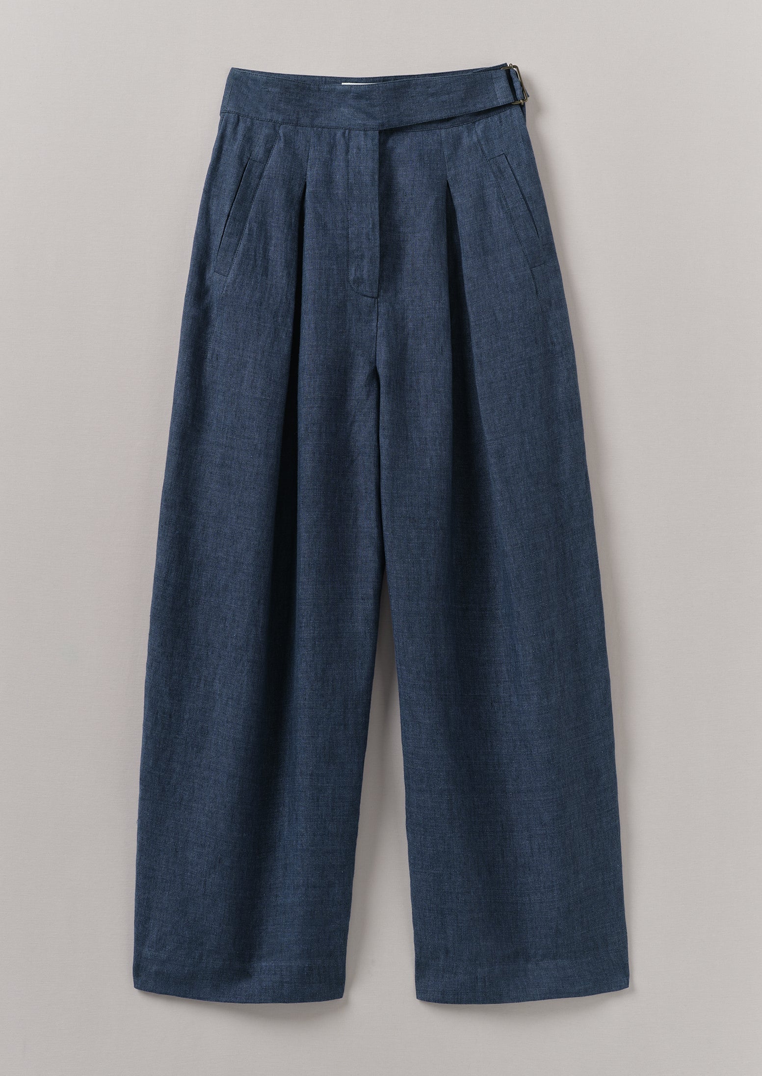 Belted Linen Wide Leg Trousers | Denim Blue