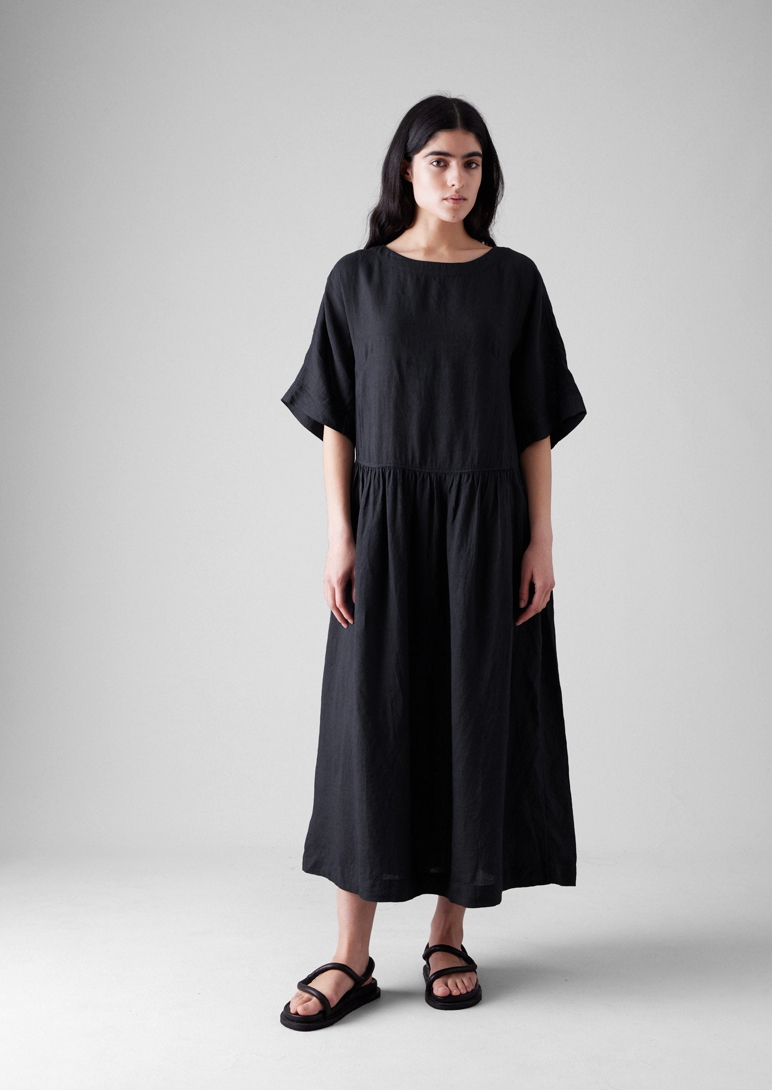 Lightweight Linen Gathered Waist Dress | Black Pepper 3 Lightweight Linen Gathered Waist Dress | Black Pepper