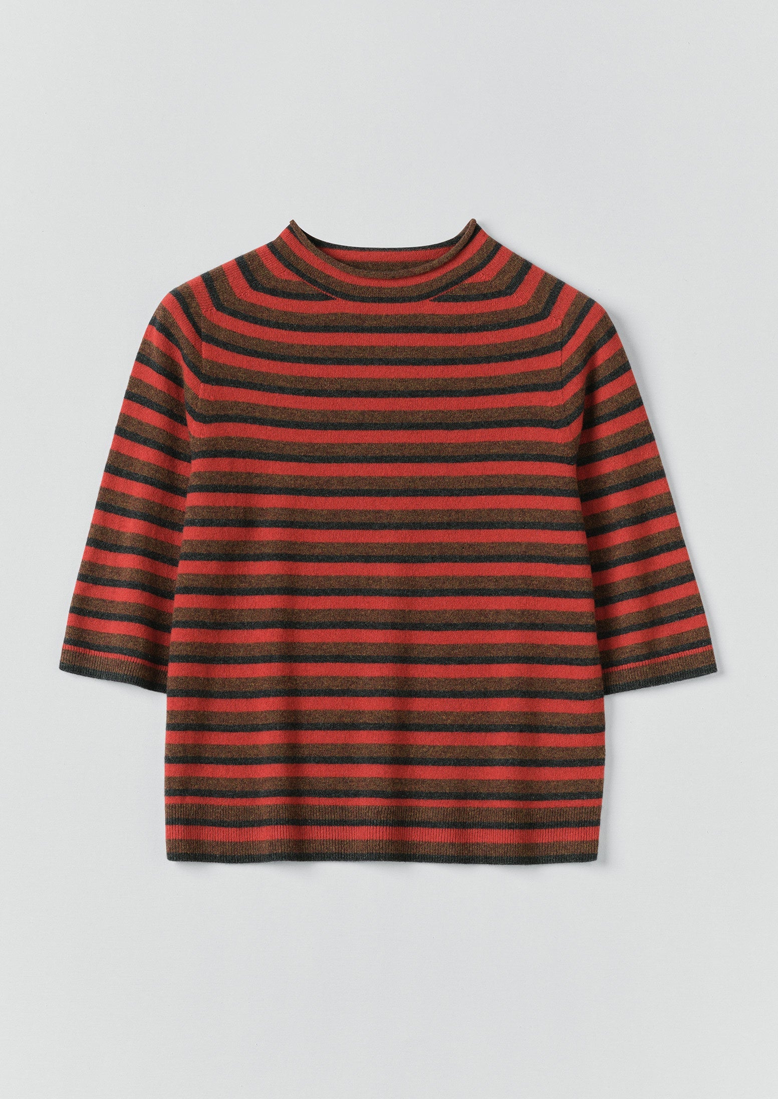 Stripe Wool Cashmere Half Sleeve Sweater | Red Multi