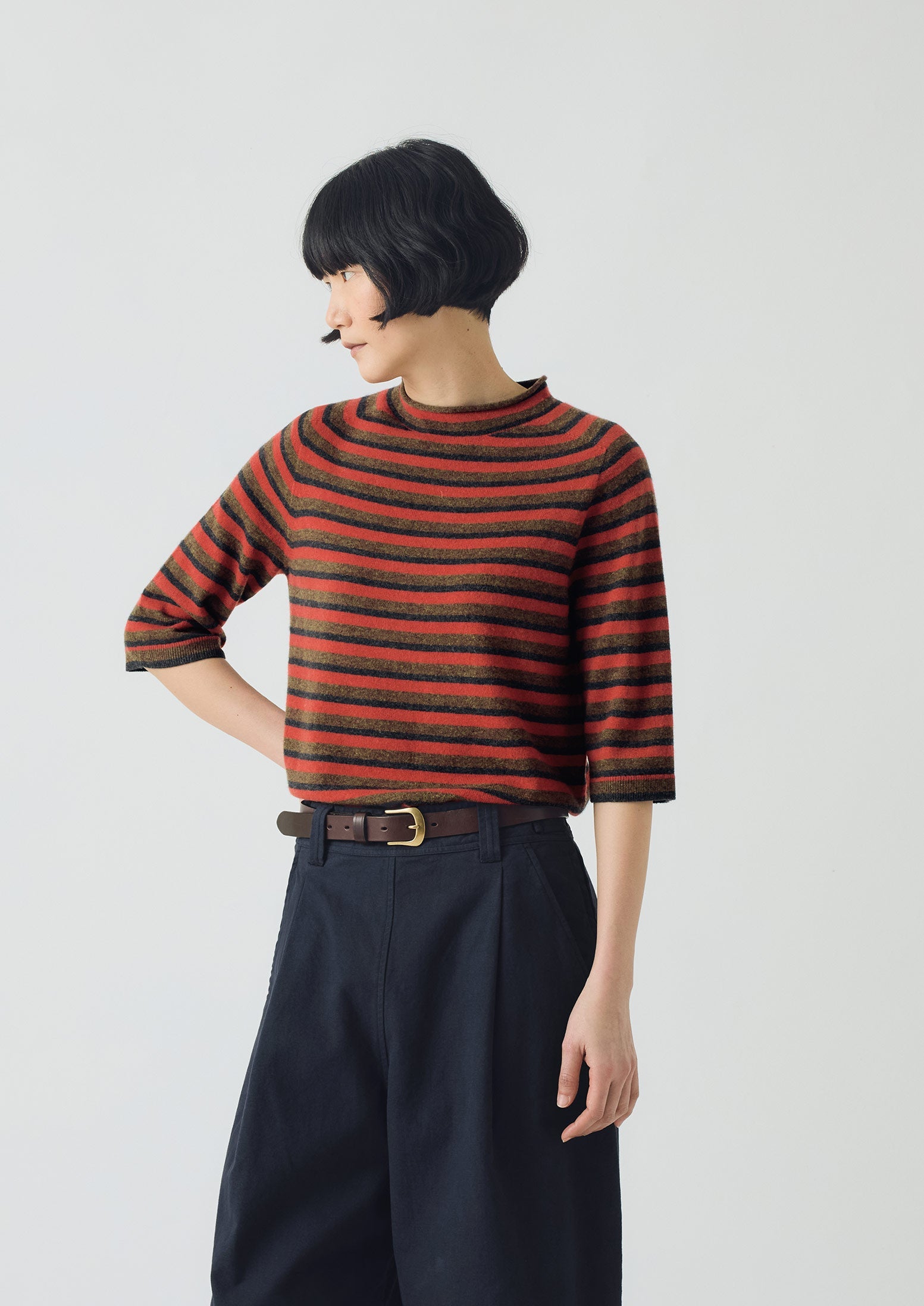 Stripe Wool Cashmere Half Sleeve Sweater | Red Multi 3 Stripe Wool Cashmere Half Sleeve Sweater | Red Multi