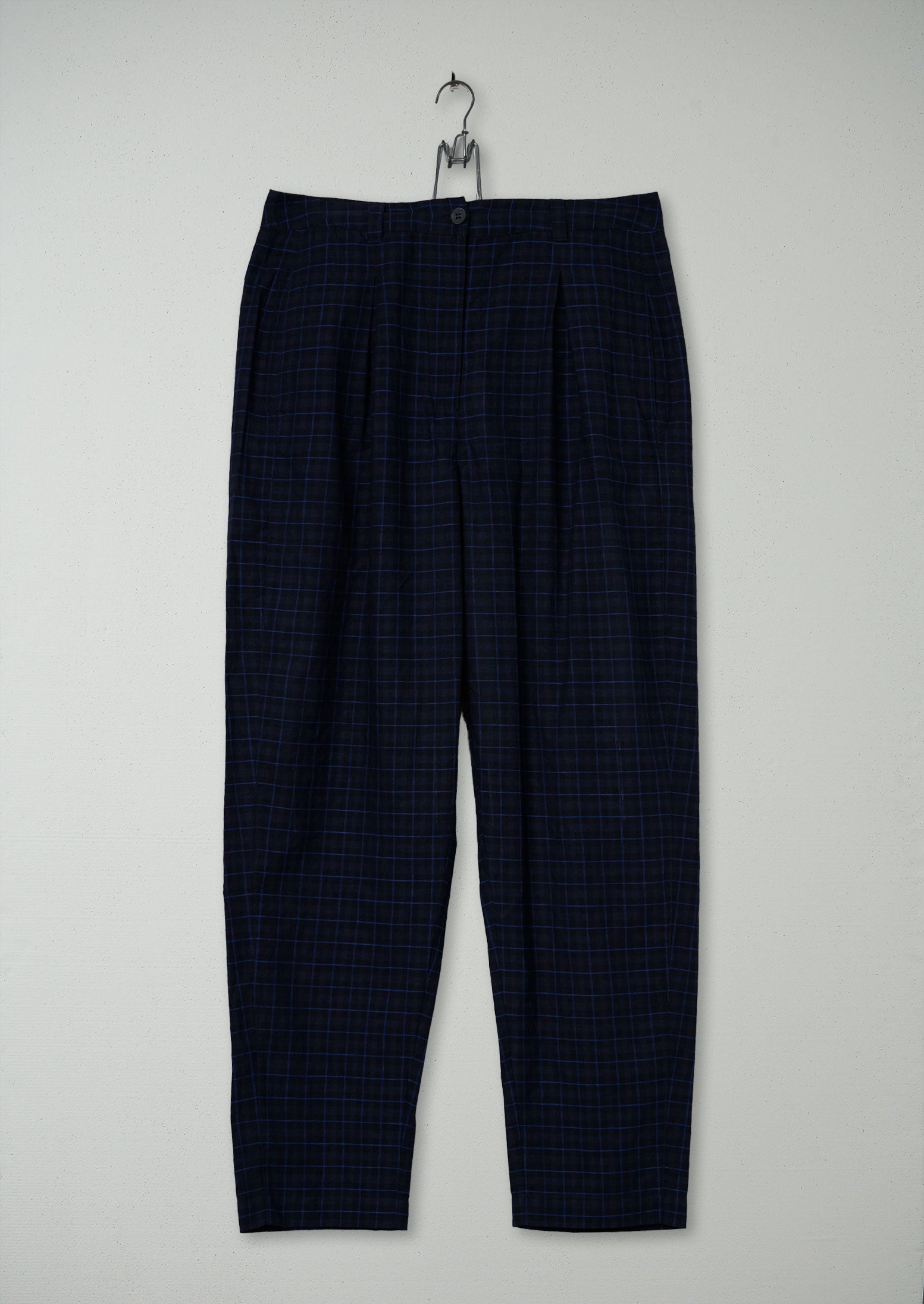 Reworn Check Cotton Linen Trousers Size 12 (648) | Navy