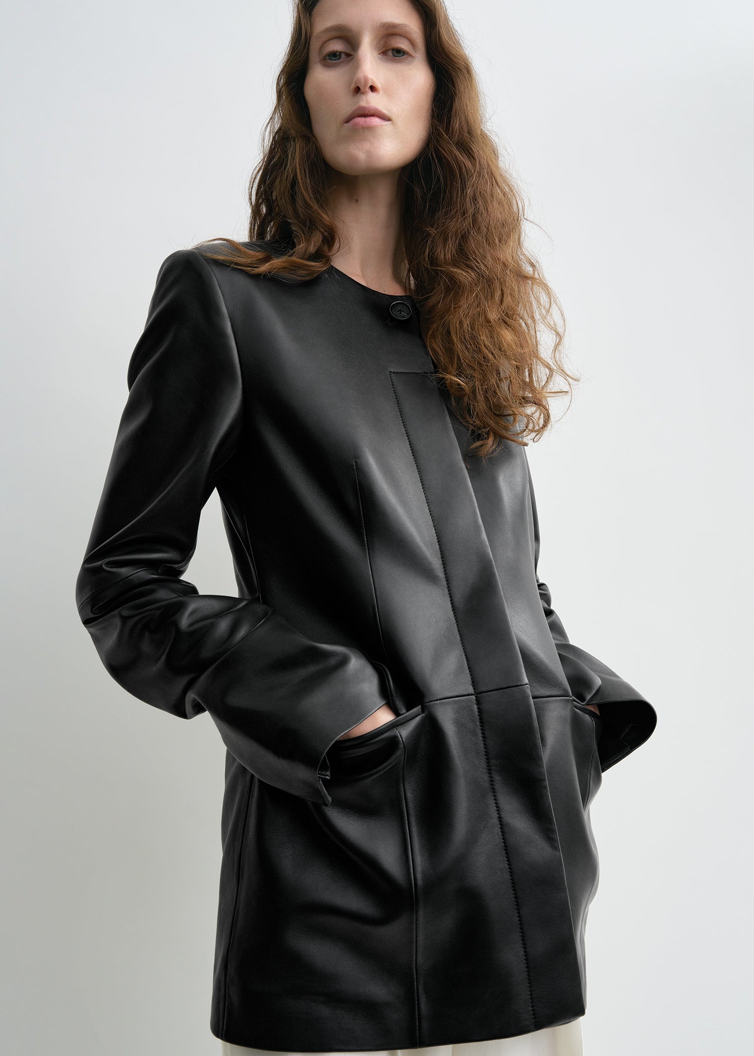 Collarless leather jacket black petite 5 Collarless leather jacket black petite