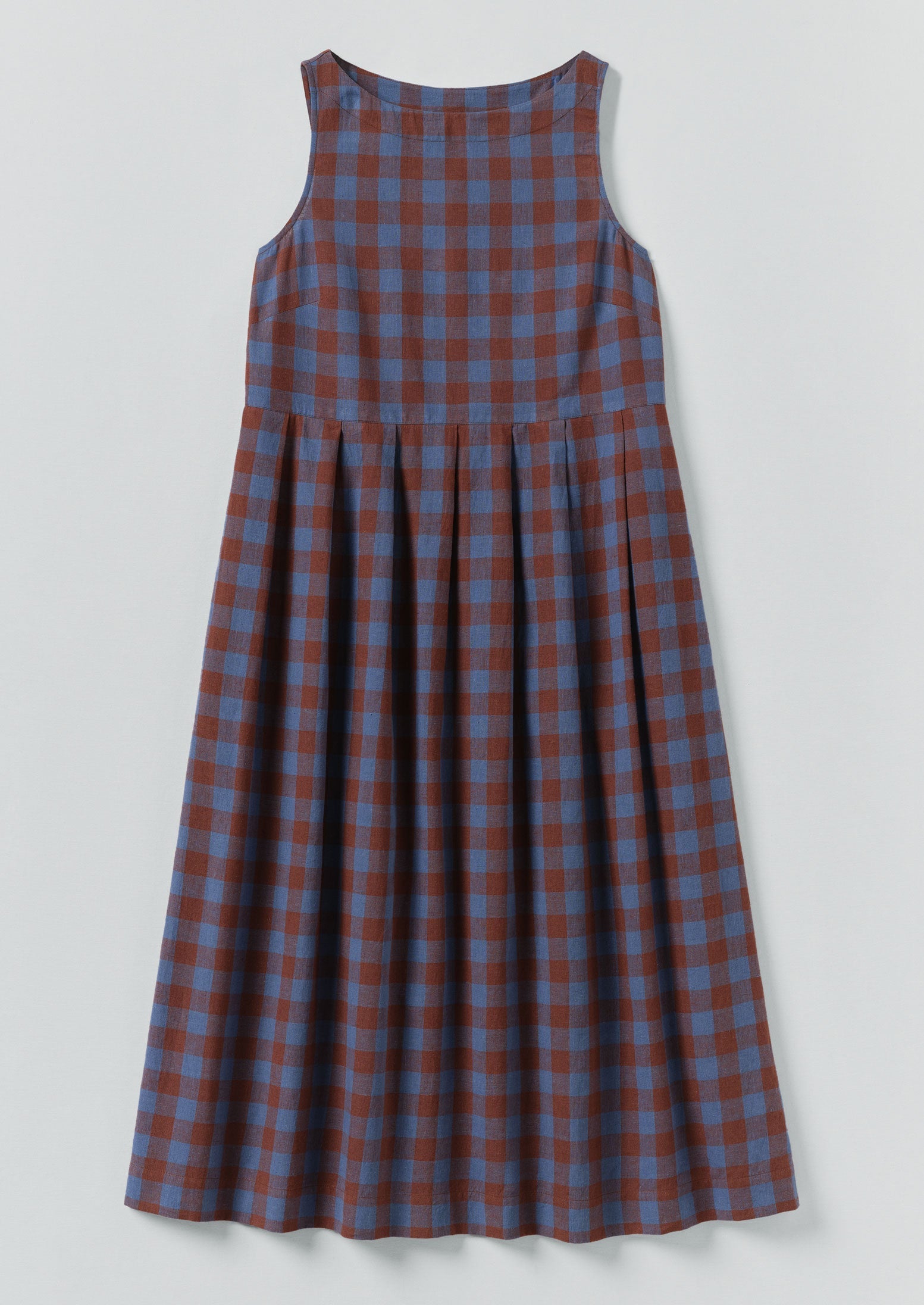 Aila Mineral Check Linen Cotton Dress | Brown Ochre/Dark Cornflower